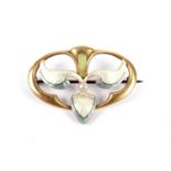 An Art Nouveau seed pearl and enamel yellow gold brooch