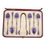 A set of six Norwegian silver and blue and white enamel coffee spoons