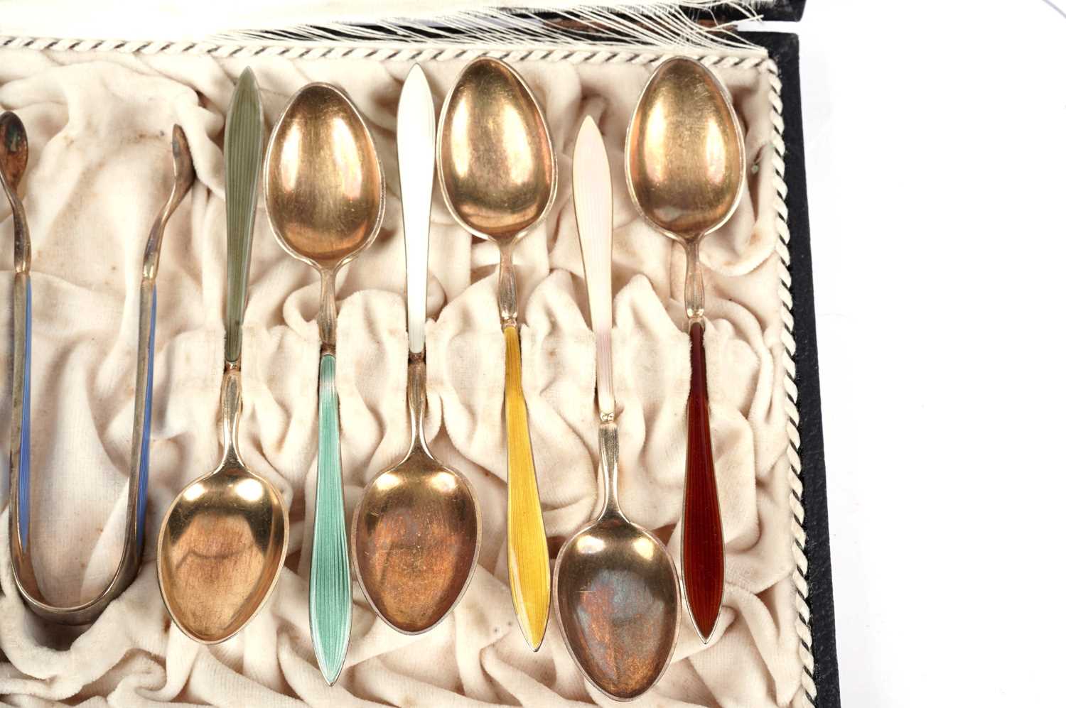 A set of Norwegian enamelled silver gilt coffee spoons and sugar tongs - Image 3 of 5