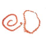 A coral bead necklace; and a branch coral necklace