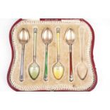 Five Norwegian silver gilt and enamel coffee spoons