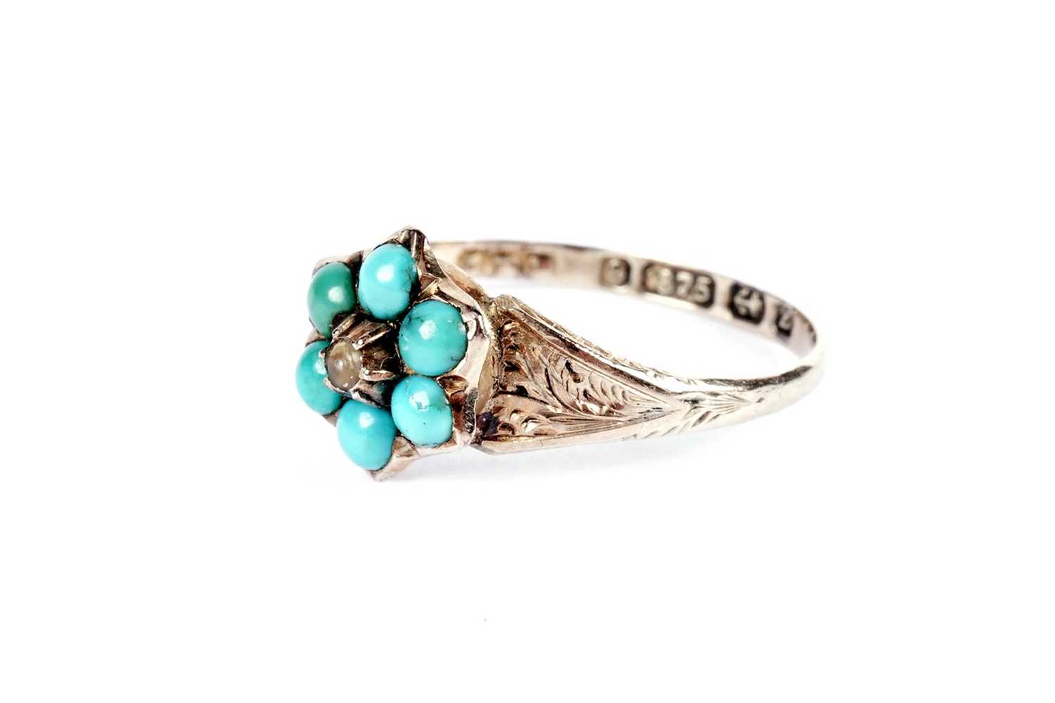A Victorian Romantic Period turquoise and seed pearl flowerhead ring