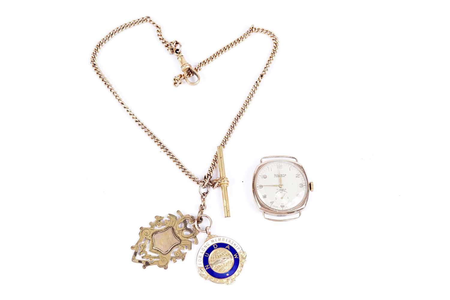 A Helvetia 9ct gold manual wind wristwatch; a gold fob; and other items