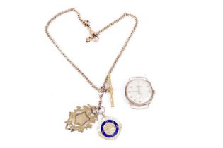 A Helvetia 9ct gold manual wind wristwatch; a gold fob; and other items