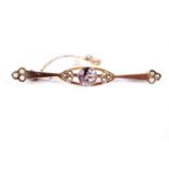 An amethyst and seed pearl bar brooch