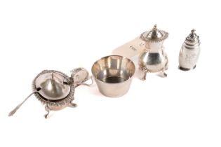 A silver mustard pot and pepperette and other items