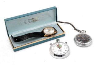 A stopwatch, a pocket watch and a wristwatch