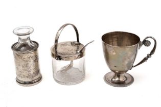 A silver christening cup, preserve jar and scent bottle