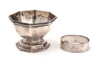 A silver table salt, and napkin ring