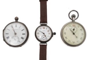 A pocket watch, wristwatch and stopwatch