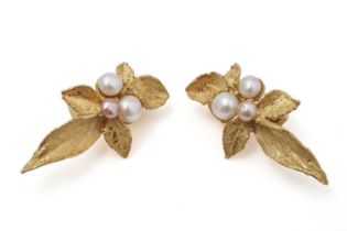 A pair of 18ct yellow metal and cultured pearl ear clips
