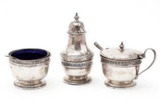 A George V three piece silver condiment set