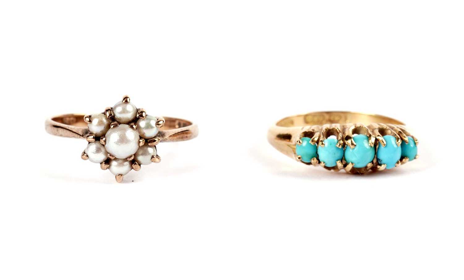 A turquoise dress ring; and a flower cluster ring