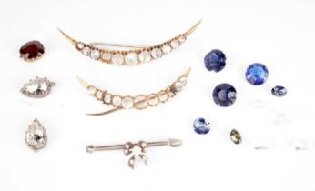 Two moonstone crescent brooches; and other jewellery