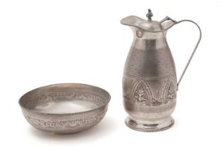 An Indian white metal jug and bowl