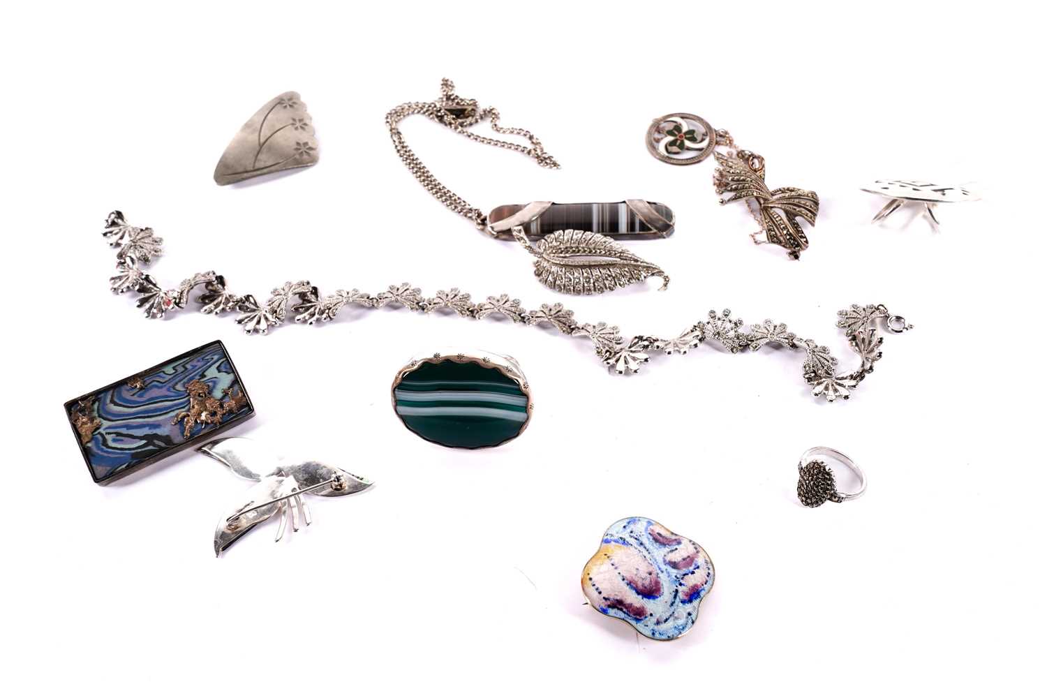 A selection of agate, enamel and stone set jewellery