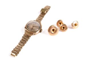 A Waltham 9ct gold cased wristwatch; and four gold dress studs