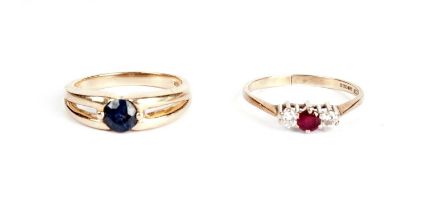 A sapphire ring; and a ruby and diamond ring