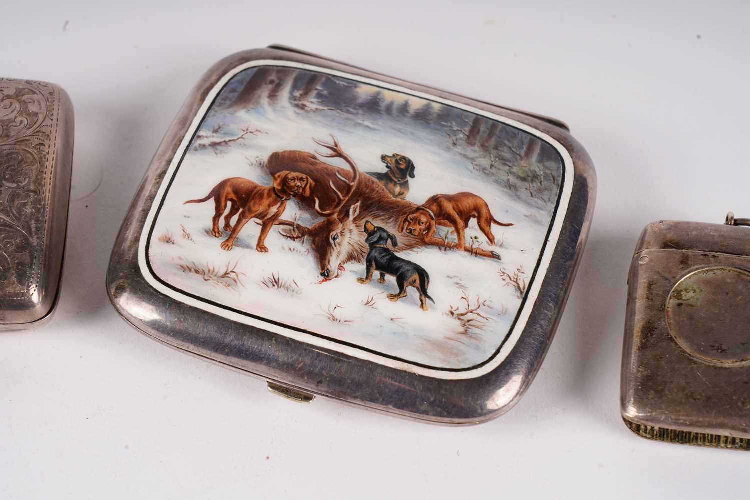 Two silver cigarette cases; an enamelled cigarette case; and a vesta case - Image 5 of 5