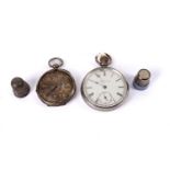Two silver pocket watches; and two thimbles