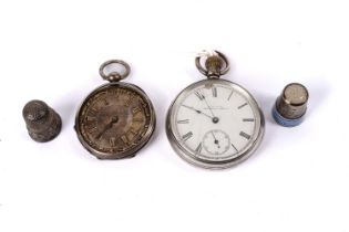 Two silver pocket watches; and two thimbles