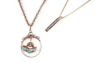 A turquoise and seed pearl pendant on chain; and another