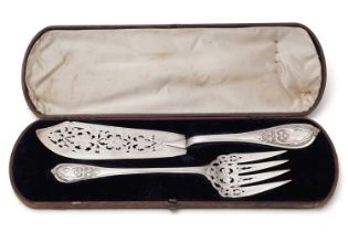 A cased Victorian silver fish slice and fork