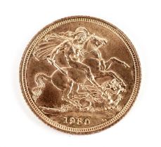 A Queen Elizabeth II gold sovereign 1980