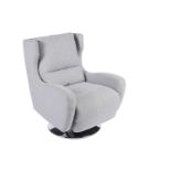 A modern grey/light blue upholstered swivel armchair