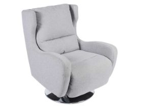 A modern grey/light blue upholstered swivel armchair