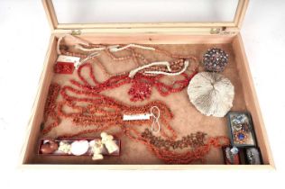 A selection of coral jewellery and other items