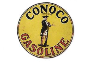 A Conoco Gasoline enamel advertising sign