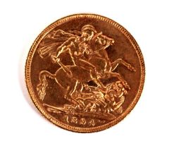 A Queen Victoria gold sovereign, 1894, in later case