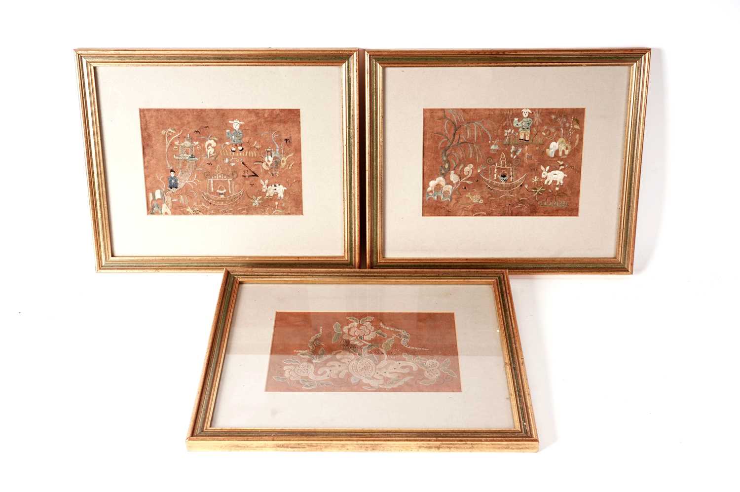 Three Qing Chinese needlework pictures