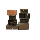 A selection of vintage and modern deed boxes, a satchel, and another box