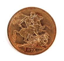 A Queen Victoria gold sovereign, 1873, in later case
