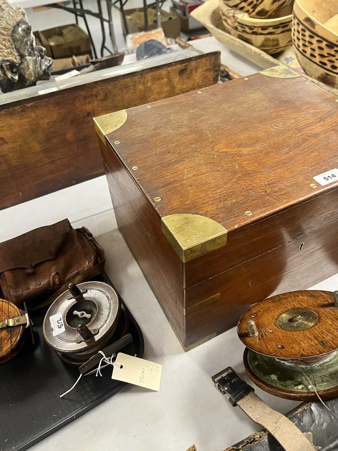 A 20th Century brass bound and mahogany campaign style fly tiers box - Image 15 of 26