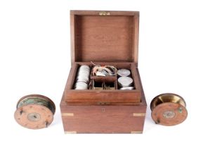 A 20th Century brass bound and mahogany campaign style fly tiers box