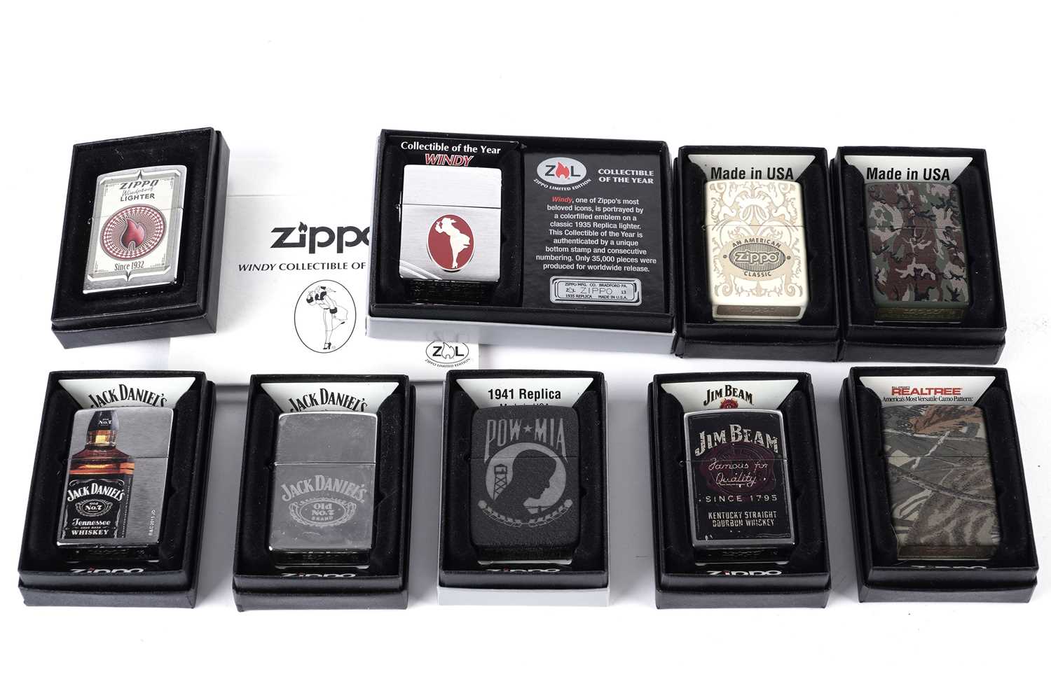 A collection of Zippo cigarette lighters