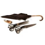 A late Victorian parasol; two pairs of tailor's scissors and a cobblers last