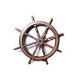 A stained oak ships wheel