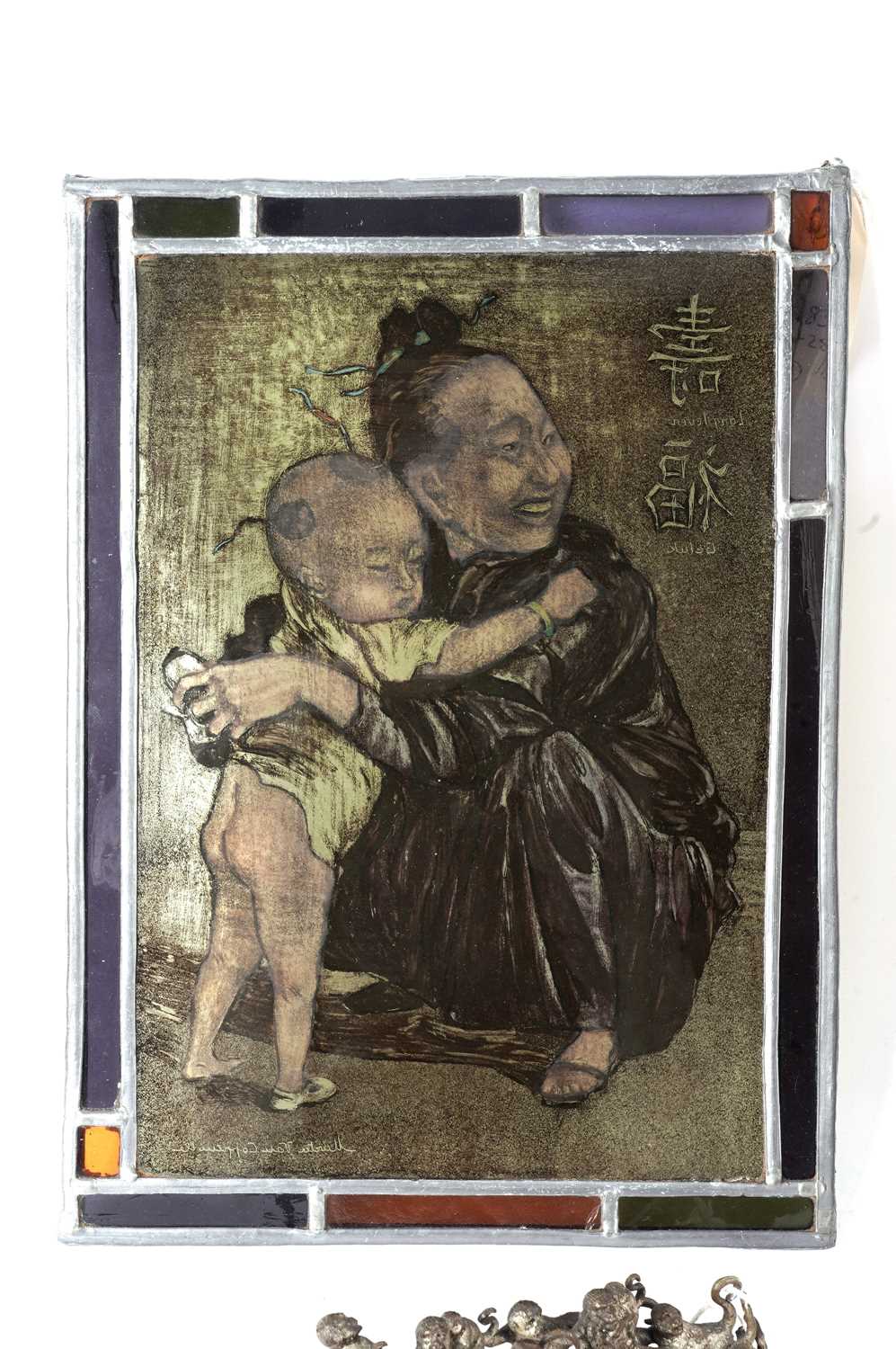 A mid-Century Belgian stained glass panel and a collection of decorative Asian sculptures - Image 4 of 5