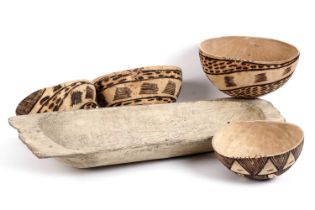 A vintage 20th Century hand painted wooden trough with four bowls