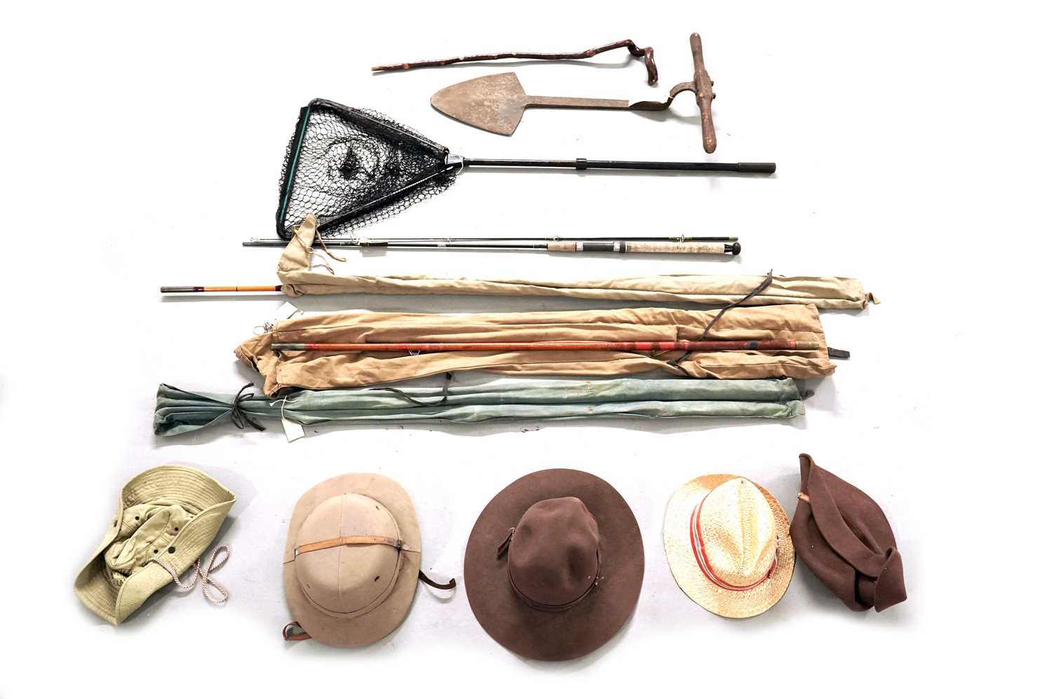 A collection of fishing equipment and other items