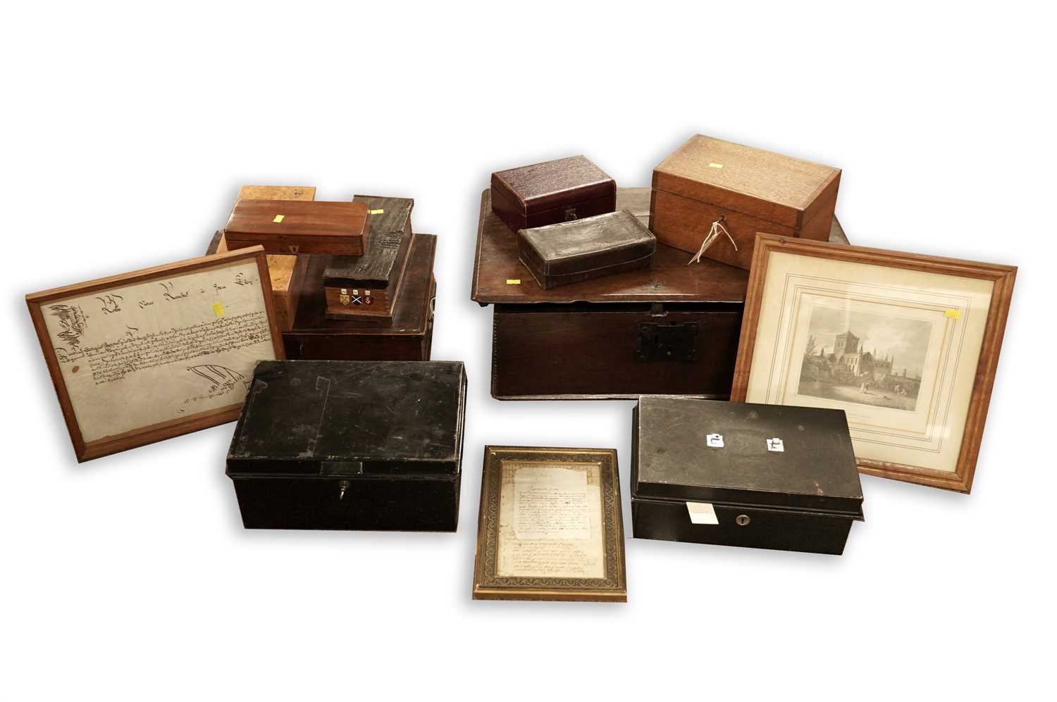 A selection of 19th Century and later boxes and framed items
