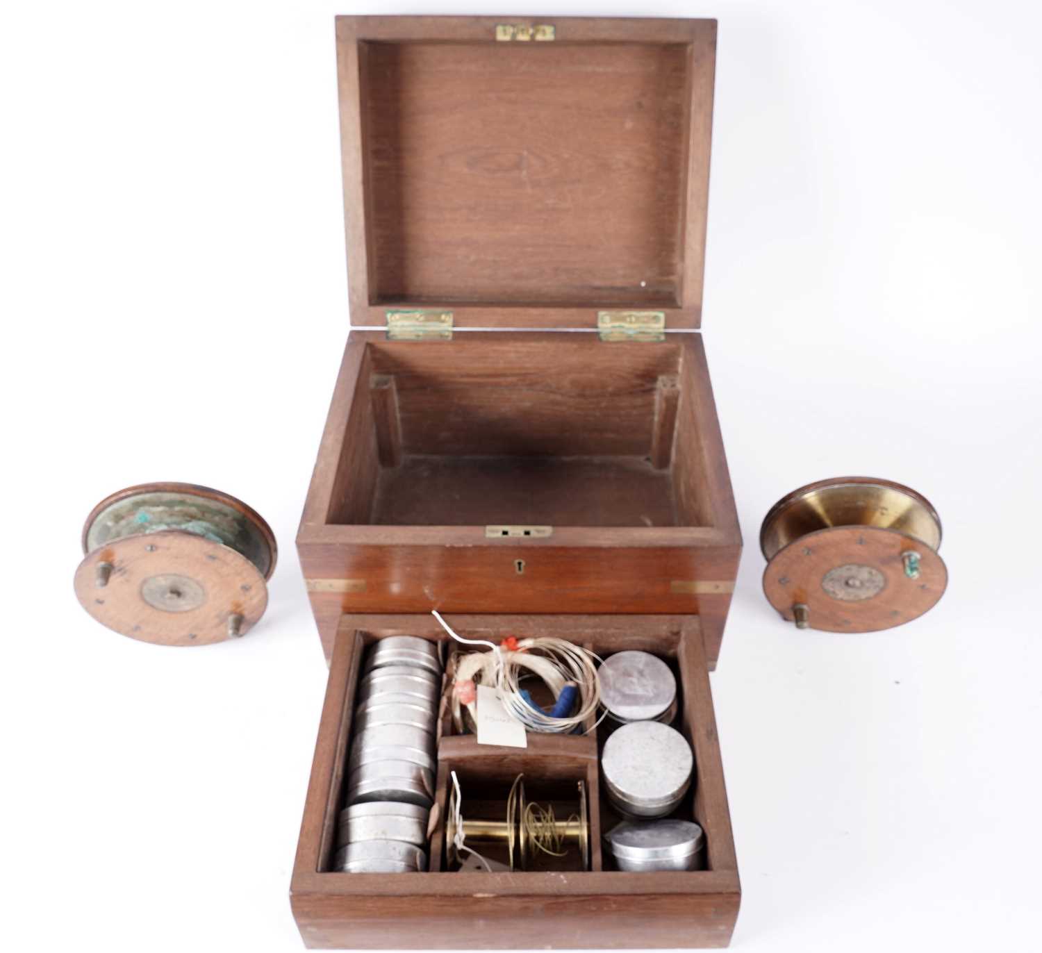 A 20th Century brass bound and mahogany campaign style fly tiers box - Image 2 of 26