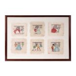 Six 1930s hand-painted silk handkerchiefs depicting Elizabethan scenes of courtship