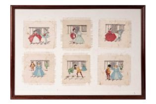 Six 1930s hand-painted silk handkerchiefs depicting Elizabethan scenes of courtship