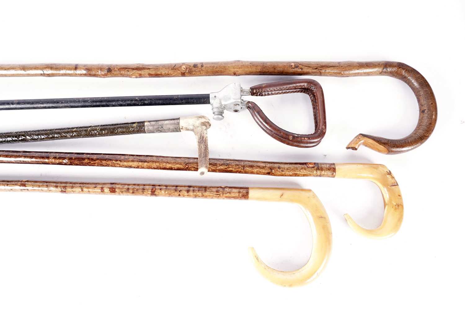 Collection of walking sticks and sporting equipment