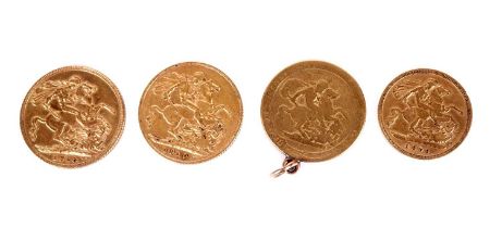 Three gold sovereigns and a gold half sovereign